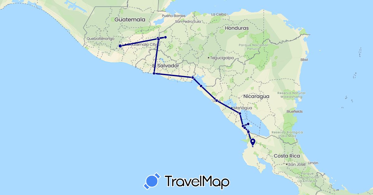 TravelMap itinerary: driving in Costa Rica, Guatemala, Honduras, Nicaragua, El Salvador (North America)